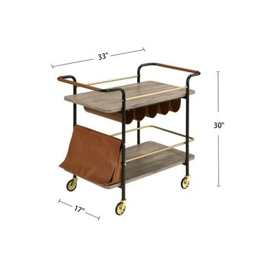 Wood Serving Cart With 2 Shelves In Natural, Gold And Black Finish - Natural, Gold And Black 5 Wood Serving Cart With 2 Shelves In Natural, Gold And Black Finish - Natural, Gold And Black - Image 3