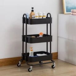 Siavonce Storage Trolley On Wheels Utility 3-Tier Metal Shelving - 17.7" L X 13.7" W X31" H - Black - Kitchen Cart - Stainless Steel -Gourmet Interiors 00935385 1393 4826 abfc 1ebacdda4c83