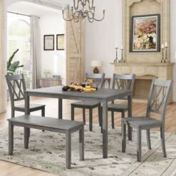 Oaks Aura Rustic Wood 6-piece Kitchen Table Set, Farmhouse Dining Table Set With Cross Back 4 Chairs And Bench - Grey -Gourmet Interiors 00aeac5f fb34 4fde 95e8 b057bb284c13