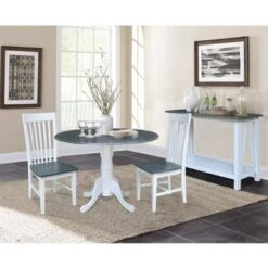 42 In. Drop Leaf Dining Table With 2 Slat Back Chairs - 3 Piece Set - 42 In. W X 42 In. D X 29.5 In. H - White/Heather Gray