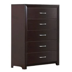 5 Drawer Wooden Chest With Metal Bar Handle, Espresso Brown