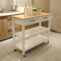 45 In.White Double Kitchen Cart - Kitchen Cart - White -Gourmet Interiors 0b612687 0193 4724 b433 23eb516d9fa4
