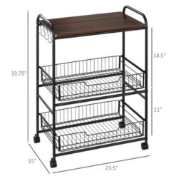HOMCOM 24" 3-Tier Rolling Kitchen Cart, Utility Storage Trolley With 2 Basket Drawers, Side Hooks For Dining Room - Oak 40 HOMCOM 24" 3-Tier Rolling Kitchen Cart, Utility Storage Trolley With 2 Basket Drawers, Side Hooks For Dining Room - Oak -Gourmet Interiors 1096080c dd8c 4b5e aa2d a00a4aab4362