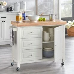 Copper Grove Macaulay Natural Rubberwood Rolling Kitchen Island Cart - White -Gourmet Interiors 11507c62 69ac 4618 b9a8 e9e8c1052149