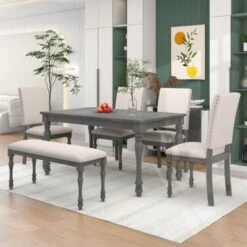 Nestfair 6-Piece Wood Dining Table Set With 4 Upholstered Chairs And Bench - Grey -Gourmet Interiors 1165e888 5a45 4739 a509 f7636aefaf37