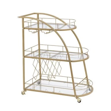 Golden 3-tier Metal And Glass Rolling Bar Cart Serving Wine Cart With Glass Top (30.1 In. W X 36.2 In. H) - Golden - Kitchen Cart 4 Golden 3-tier Metal And Glass Rolling Bar Cart Serving Wine Cart With Glass Top (30.1 In. W X 36.2 In. H) - Golden - Kitchen Cart - Image 2