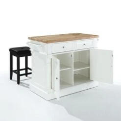 Oxford White Finish Butcher Block Top Kitchen Island With 2 Stools - Stationary - Wood -Gourmet Interiors 12de6235 ed6b 4767 af9d 721a206b30c5
