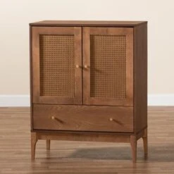 Baxton Studio Ramiel Mid-Century Modern Ash Walnut Finished Wood And Rattan 1-Drawer Sideboard - Natural Brown, Gold -Gourmet Interiors 15a1fe7a c9af 4ba5 aaf2 73ebb1a77c77