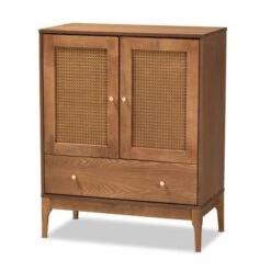 Baxton Studio Ramiel Mid-Century Modern Ash Walnut Finished Wood And Rattan 1-Drawer Sideboard - Natural Brown, Gold