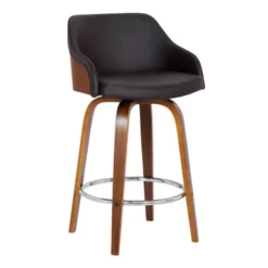 Alec 26" Counter Height Swivel Brown Faux Leather And Walnut Wood Bar Stool