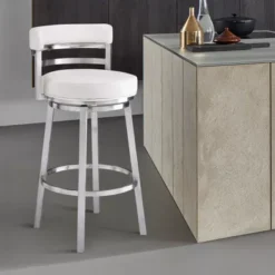 Madrid 26" Counter Height Swivel White Faux Leather And Brushed Stainless Steel Bar Stool -Gourmet Interiors 1c35b395 fb0f 4f9a 9d9a 25328aa8477f