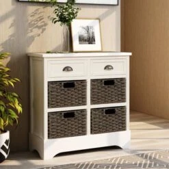 Rustic Storage Cabinet With Two Drawers And Four Classic Rattan Basket - White -Gourmet Interiors 1d8267d6 3642 4c4b b11c 01819dd4d1f4