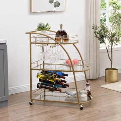 Golden 3-tier Metal And Glass Rolling Bar Cart Serving Wine Cart With Glass Top (30.1 In. W X 36.2 In. H) - Golden - Kitchen Cart 3 Golden 3-tier Metal And Glass Rolling Bar Cart Serving Wine Cart With Glass Top (30.1 In. W X 36.2 In. H) - Golden - Kitchen Cart