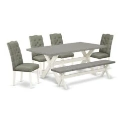 Dining Room Table Set - A Rectangular Table And Padded Parson Chairs - Cement And Linen White Finish (Pieces Options) - X097EL207-7 -Gourmet Interiors 21f77639 63cf 429b 8f3c e727615d468d