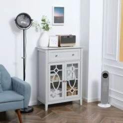 HOMCOM Kitchen Cabinet, Storage Cabinet, Sideboard Floor Accent Cabinet W/ 2 Glass Doors, Drawer & Adjustable Shelves - Off-white -Gourmet Interiors 2329d82f 885c 4f50 93f2 fa6752964fd2