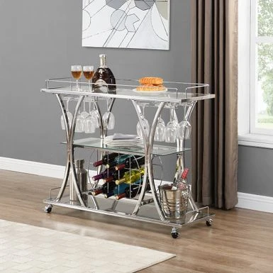 Chrome Bar Cart With Wine Rack Silver Glass Metal Frame Wine Storage - Kitchen Cart - Chrome 3 Chrome Bar Cart With Wine Rack Silver Glass Metal Frame Wine Storage - Kitchen Cart - Chrome