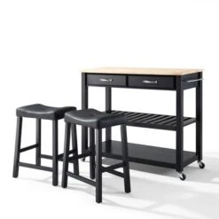 Crosley Furniture Black Natural Wood Top Kitchen Cart And Island With Black 24-inch Upholstered Saddle Stools - Black 13 Crosley Furniture Black Natural Wood Top Kitchen Cart And Island With Black 24-inch Upholstered Saddle Stools - Black -Gourmet Interiors 2565f367 d27d 4e7b b28e f9418e9db157