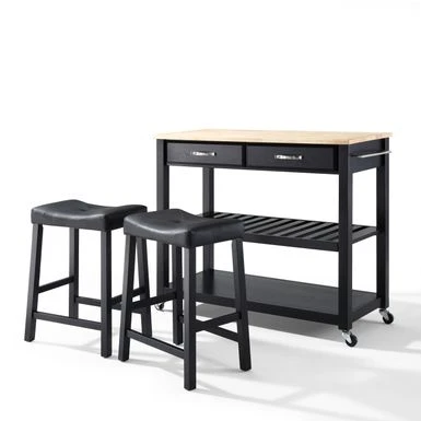 Crosley Furniture Black Natural Wood Top Kitchen Cart And Island With Black 24-inch Upholstered Saddle Stools - Black 7 Crosley Furniture Black Natural Wood Top Kitchen Cart And Island With Black 24-inch Upholstered Saddle Stools - Black - Image 5