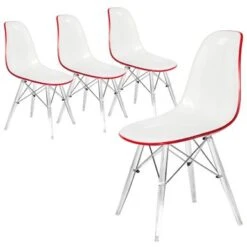 LeisureMod Dover Acrylic Transparent Dining Chair (Set Of 4) - White Red