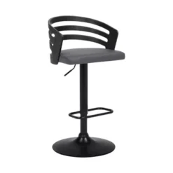Adele Adjustable Height Swivel Grey Faux Leather And Black Wood Bar Stool With Black Base