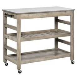 HOMCOM Kitchen Cart Rolling Kitchen Island Utility Trolley With Stainless Steel Top & Storage Wine Rack - 42.5"W X 19"D X 35"H - Kitchen Cart - Grey