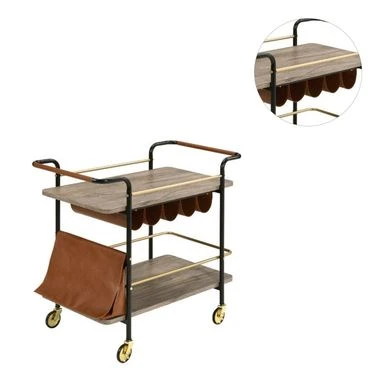 Wood Serving Cart With 2 Shelves In Natural, Gold And Black Finish - Natural, Gold And Black 6 Wood Serving Cart With 2 Shelves In Natural, Gold And Black Finish - Natural, Gold And Black - Image 4