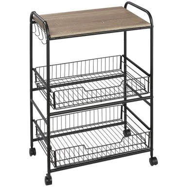 HOMCOM 24" 3-Tier Rolling Kitchen Cart, Utility Storage Trolley With 2 Basket Drawers, Side Hooks For Dining Room - Oak 12 HOMCOM 24" 3-Tier Rolling Kitchen Cart, Utility Storage Trolley With 2 Basket Drawers, Side Hooks For Dining Room - Oak - Image 11