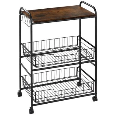 HOMCOM 24" 3-Tier Rolling Kitchen Cart, Utility Storage Trolley With 2 Basket Drawers, Side Hooks For Dining Room - Oak 4 HOMCOM 24" 3-Tier Rolling Kitchen Cart, Utility Storage Trolley With 2 Basket Drawers, Side Hooks For Dining Room - Oak - Image 3