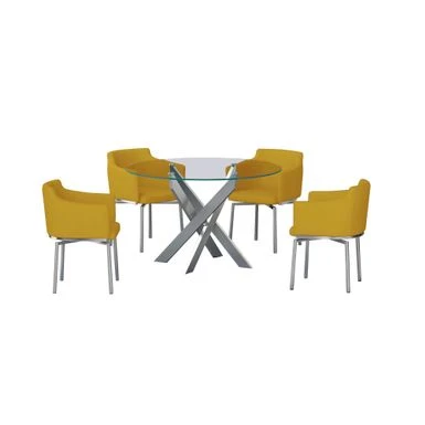 Somette Davis Round Glass Dining Set With Mustard Swivel Club Chairs - Mustard 4 Somette Davis Round Glass Dining Set With Mustard Swivel Club Chairs - Mustard - Image 2