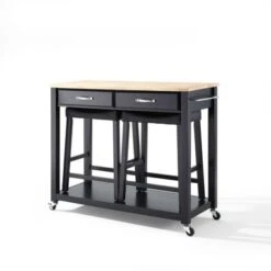Crosley Furniture Black Natural Wood Top Kitchen Cart And Island With Black 24-inch Upholstered Saddle Stools - Black 14 Crosley Furniture Black Natural Wood Top Kitchen Cart And Island With Black 24-inch Upholstered Saddle Stools - Black -Gourmet Interiors 29ff4e6d 7345 4b1d 9147 2a3128bc2b62
