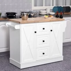 HOMCOM Farmhouse Mobile Kitchen Island Utility Cart With Barn Door Style Cabinets, Drawers And Wheels- White - White - Portable - Wood -Gourmet Interiors 2c345be4 b77b 4eca b34b f97c9d75f664