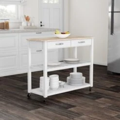 Natural Wood Top Kitchen Cart/ Island With Optional Stool Storage In White Finish - N/A - Kitchen Cart - Wood - White