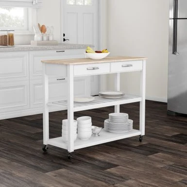 Natural Wood Top Kitchen Cart/ Island With Optional Stool Storage In White Finish - N/A - Kitchen Cart - Wood - White 3 Natural Wood Top Kitchen Cart/ Island With Optional Stool Storage In White Finish - N/A - Kitchen Cart - Wood - White