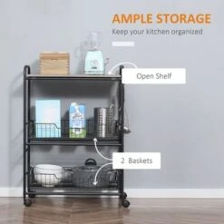 HOMCOM 24" 3-Tier Rolling Kitchen Cart, Utility Storage Trolley With 2 Basket Drawers, Side Hooks For Dining Room - Oak 33 HOMCOM 24" 3-Tier Rolling Kitchen Cart, Utility Storage Trolley With 2 Basket Drawers, Side Hooks For Dining Room - Oak -Gourmet Interiors 2c780173 f44f 4d38 b458 cec6029e403d