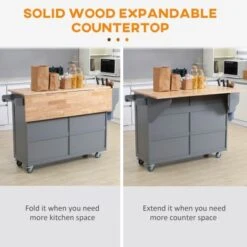 HOMCOM Rolling Kitchen Island On Wheels Utility Cart With Drop-Leaf And Rubber Wood Countertop, Storage Drawers, Dark Grey - Dark Grey - Stationary - Wood -Gourmet Interiors 2ce4b50d 71ff 4e5a bb90 cb080060004b