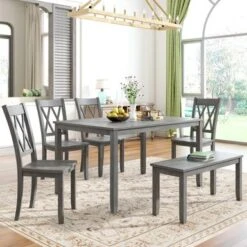 Oaks Aura Rustic Wood 6-piece Kitchen Table Set, Farmhouse Dining Table Set With Cross Back 4 Chairs And Bench - Grey