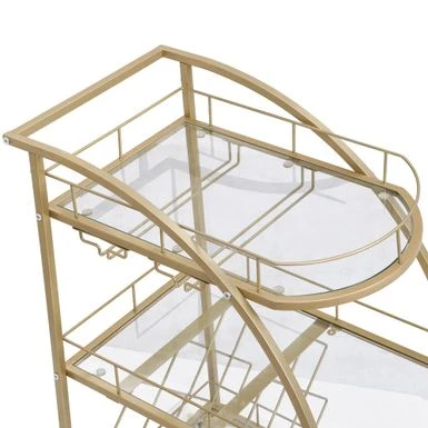 Golden 3-tier Metal And Glass Rolling Bar Cart Serving Wine Cart With Glass Top (30.1 In. W X 36.2 In. H) - Golden - Kitchen Cart 6 Golden 3-tier Metal And Glass Rolling Bar Cart Serving Wine Cart With Glass Top (30.1 In. W X 36.2 In. H) - Golden - Kitchen Cart - Image 4