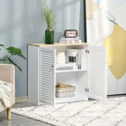 HOMCOM Storage Cabinet Kitchen Sideboard With Louvered Doors, Freestanding Floor Cabinet For Living Room, Hallway, White - White -Gourmet Interiors 2e59d226 9350 4869 9ce7 b3d612ed11a2