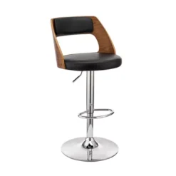 Paulo Adjustable Swivel Black Faux Leather And Walnut Wood Bar Stool With Chrome Base
