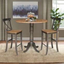 42 In. Round Dual Drop Leaf Bar Height Dining Table With 2 X-back Stools - 3 Piece Set - Washed Gray Taupe -Gourmet Interiors 3002f1e6 92eb 4ed2 9db6 caf9d018af23