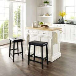 Oxford Kitchen Island With Upholstered Saddle Stools - With Seating - White - Wood -Gourmet Interiors 30101142 0235 4013 85b6 23e18da01910