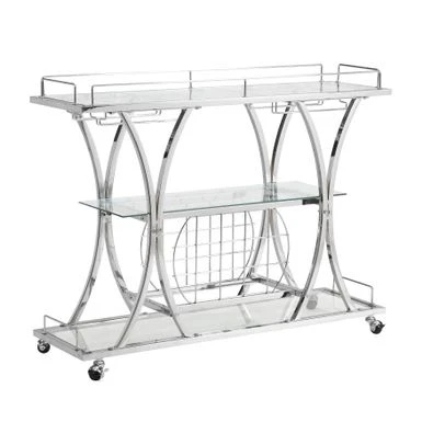 Chrome Bar Cart With Wine Rack Silver Glass Metal Frame Wine Storage - Kitchen Cart - Chrome 5 Chrome Bar Cart With Wine Rack Silver Glass Metal Frame Wine Storage - Kitchen Cart - Chrome - Image 3