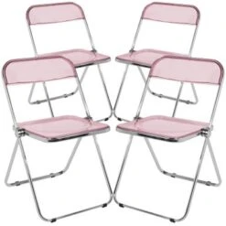 Modern Transparent Acrylic Folding Chair With Metal Frame - Set Of 4 - Pink