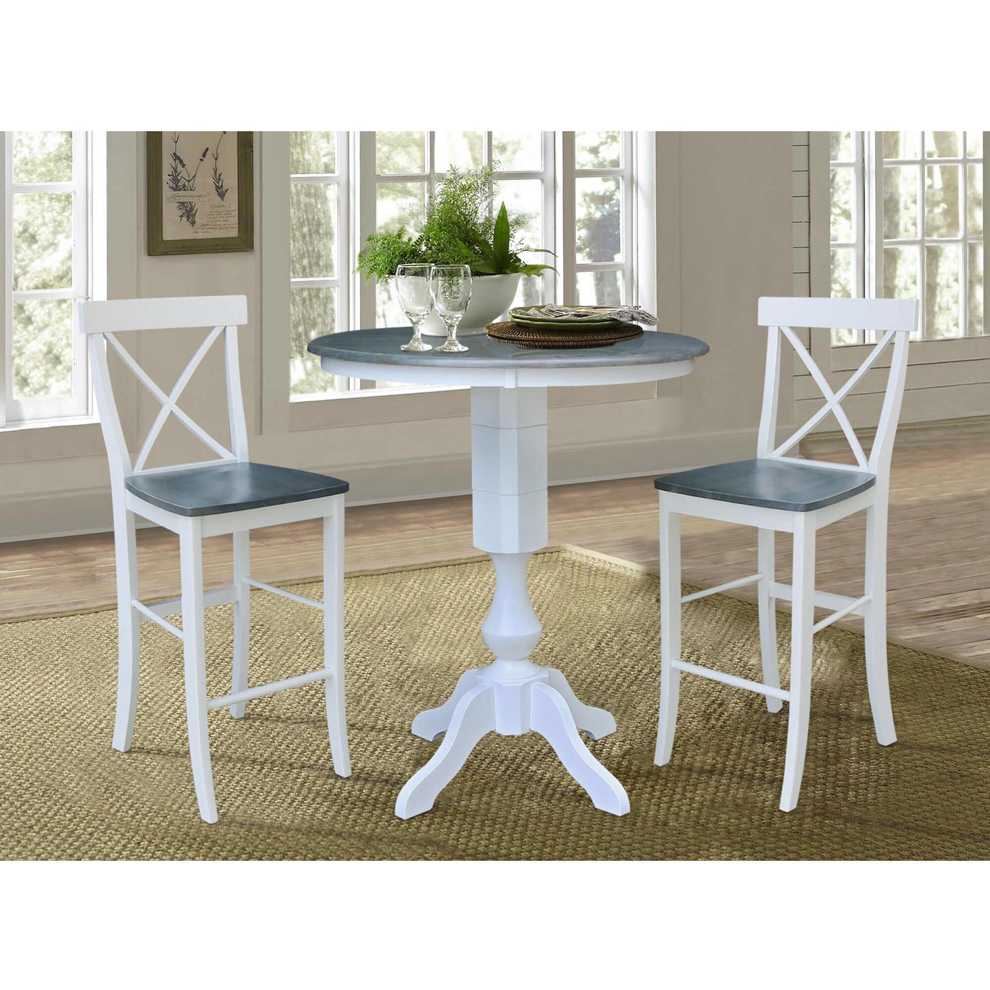 Gourmet Interiors -Gourmet Interiors 36 Round Pedestal Counter Height Table with 2 X Back Bar Height Stools 3 Piece Dining Set