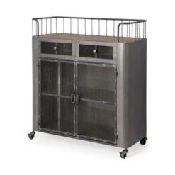 Udo Metal Frame Two Door Cabinet W/Two Drawers & Wood Top Bar Cart - 16.5L X 35.4W X 40.7H - Serving Cart - Wood