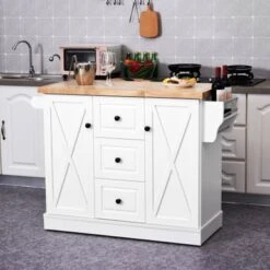 HOMCOM Farmhouse Mobile Kitchen Island Utility Cart With Barn Door Style Cabinets, Drawers And Wheels- White - White - Portable - Wood -Gourmet Interiors 37478f35 5a57 40e6 88d2 0d1cc812bdee