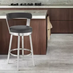Bryant 26" Counter Height Swivel Bar Stool In Brushed Stainless Steel Finish And Black Faux Leather