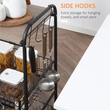 HOMCOM 24" 3-Tier Rolling Kitchen Cart, Utility Storage Trolley With 2 Basket Drawers, Side Hooks For Dining Room - Oak 16 HOMCOM 24" 3-Tier Rolling Kitchen Cart, Utility Storage Trolley With 2 Basket Drawers, Side Hooks For Dining Room - Oak - Image 15