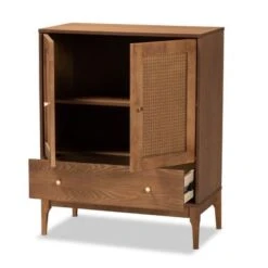 Baxton Studio Ramiel Mid-Century Modern Ash Walnut Finished Wood And Rattan 1-Drawer Sideboard - Natural Brown, Gold -Gourmet Interiors 41dbafc7 4e01 4a0b af60 2cdf1d21ffef