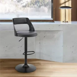 Itzan Adjustable Swivel Grey Faux Leather And Black Wood Bar Stool With Black Base -Gourmet Interiors 4224a2d8 dcda 473e b81c c4503ea144ab